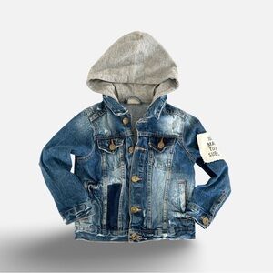Zara Boys Blue Denim Jacket With Attached Grey Hoodie